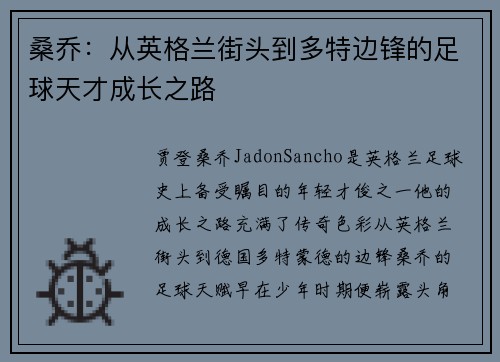 桑乔：从英格兰街头到多特边锋的足球天才成长之路