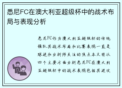 悉尼FC在澳大利亚超级杯中的战术布局与表现分析